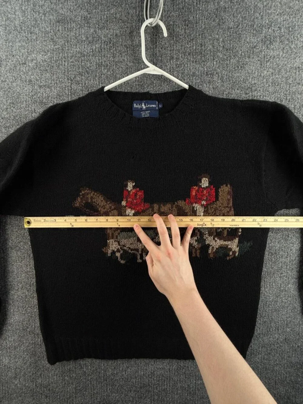 VTG Ralph Lauren Equestrian Fox Hunt Large Sweater Graphic Black Wool Hand Knit